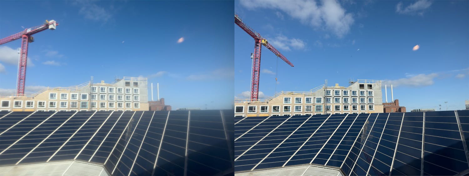 Med och utan fingeravtryck. Till vänster ser man hur ett fingeravtryck försämrar kvaliteten jämfört med den rena bilden till höger.